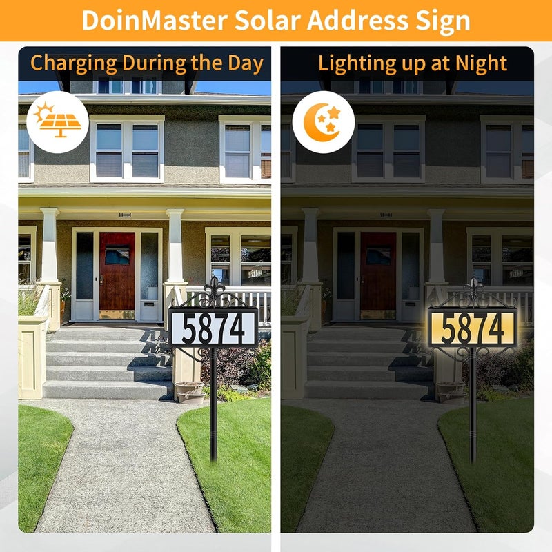 DoinMaster Metal Solar Address Signs for Yard with Warm White & Cold White - 50 Customizable (from 0 to 9) House Numbers for Outside, Weather-Resistant Lighted Address Plaque Outdoor, Illuminated LED Address Numbers Sign for Yard Home - Image 4